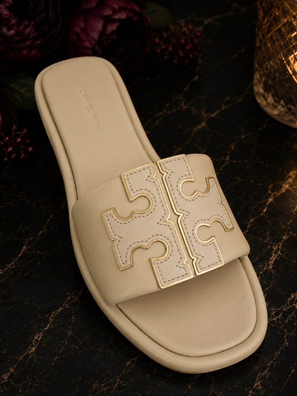 NEW Tory Burch Double T Sport Slide Sandals Dulce De Leche Gold Cream - Picture 3 of 4
